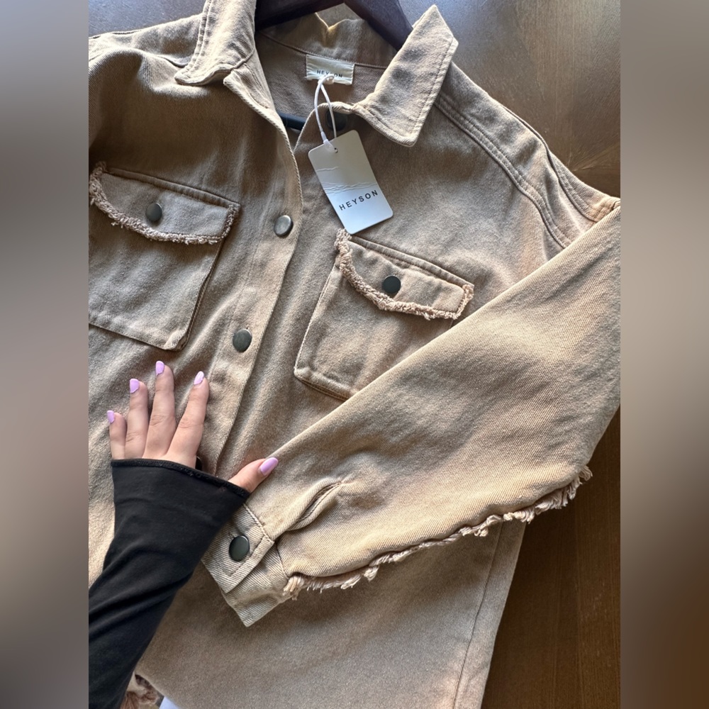 HEYSON LIGHT BROWN FRINGE DENIM BUTTON UP JACKET